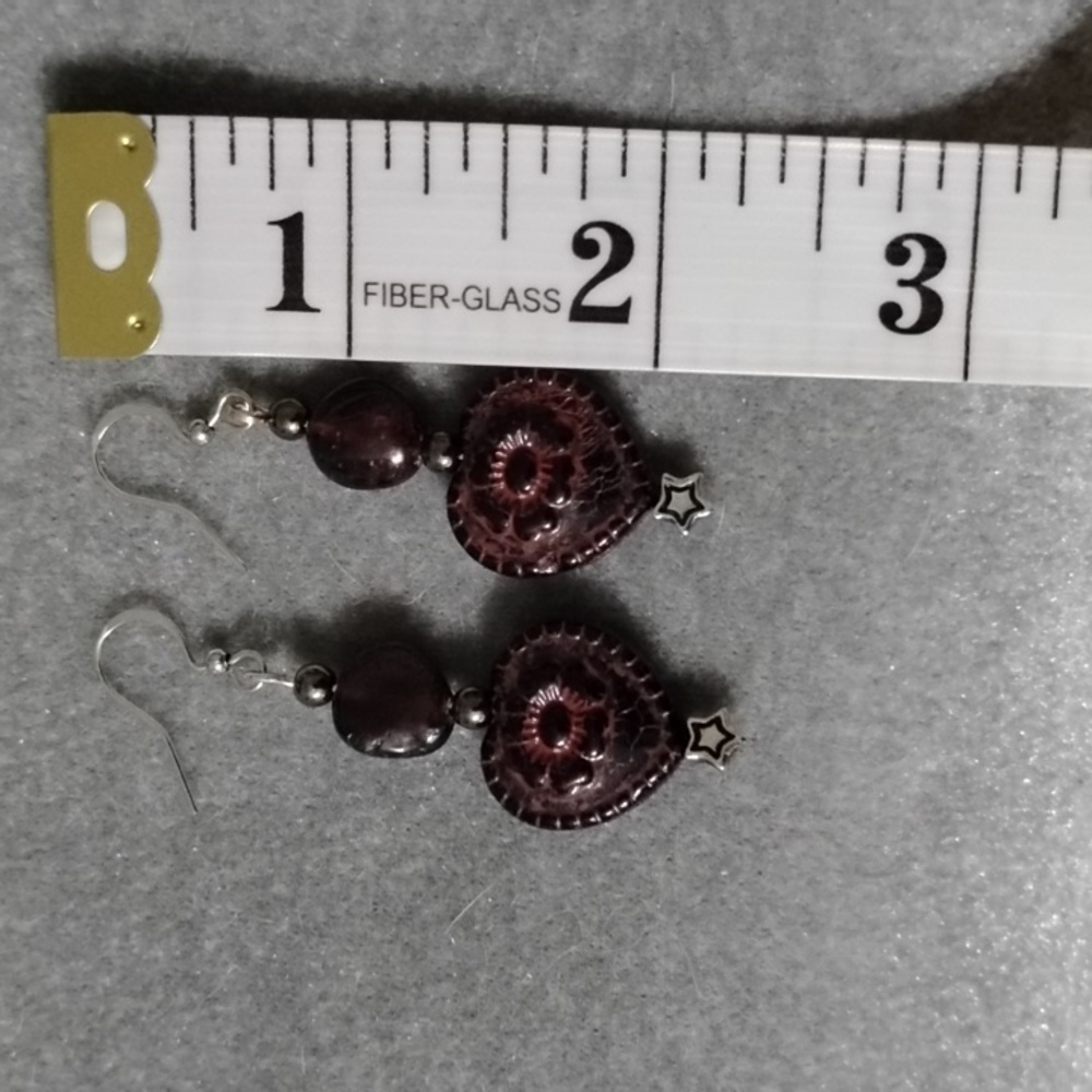 Hand Crafted Dark Red And Black Floral Heart Czech Glass With Garnet Earrings - Picture 6 of 6